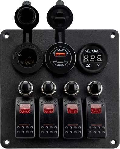 Young Marine Waterproof Marine Boat Rocker Switch Aluminum Panel 4 Gang with USB Slot Socket QC 3.0 and Type C QC 4.0 + Volt Meter Blue LED Light for Car Rv Vehicles Truck (Blue) in Kuwait