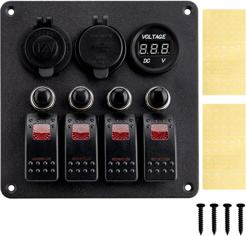 Young Marine Waterproof Marine Boat Rocker Switch Aluminum Panel 4 Gang with USB Slot Socket QC 3.0 and Type C QC 4.0 + Volt Meter Blue LED Light for Car Rv Vehicles Truck (Blue) in Kuwait