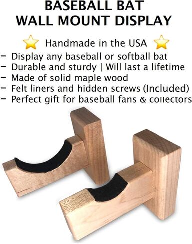حامل حائط لعرض مضرب البيسبول - مصنوع يدويًا في الولايات المتحدة الأمريكية من خشب القيقب الصلب مع بطانة لباد ومسامير مخفية - شماعة مضرب أفقية (طبيعية) in Kuwait