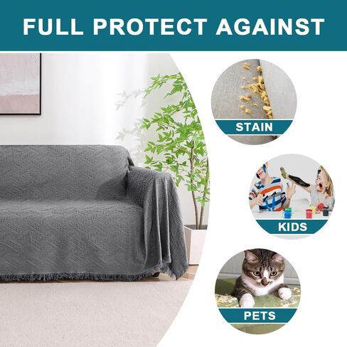 Turquoize Cotton Sofa Cover Couch Cover Grey Couch Protector Sofa Throw Cover for Couches Washable Sectional Sofa Covers for Dogs Feature Geometrical Woven Jacquard Fabric(71"x118", X-Large,Grey) in Kuwait