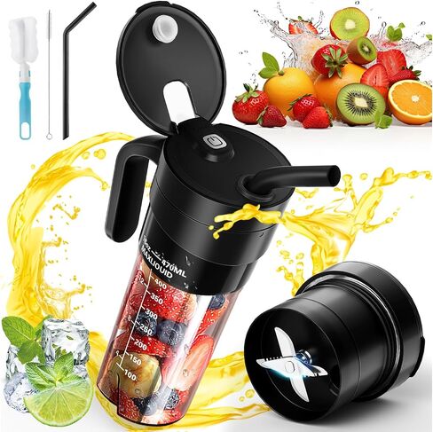 خلاط محمول، خلاط شخصي للعصائر المخفوقة، خلاط محمول مزود بـ 6 شفرات، خلاط صغير قابل لإعادة الشحن عبر USB سعة 16 أونصة، مقبض وغطاء بماصة، خلاط لأي مكان، خالٍ من مادة BPA in Kuwait