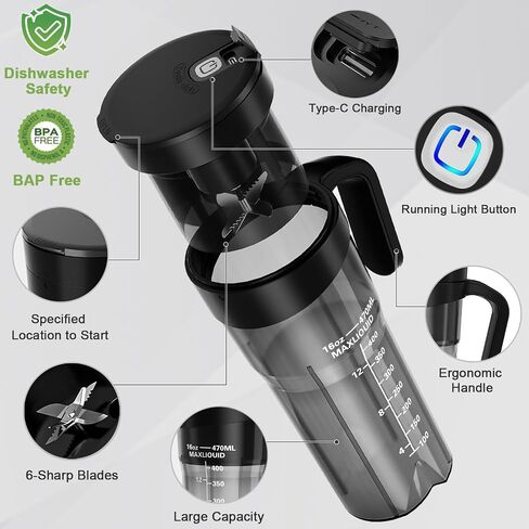 خلاط محمول، خلاط شخصي للعصائر المخفوقة، خلاط محمول مزود بـ 6 شفرات، خلاط صغير قابل لإعادة الشحن عبر USB سعة 16 أونصة، مقبض وغطاء بماصة، خلاط لأي مكان، خالٍ من مادة BPA in Kuwait