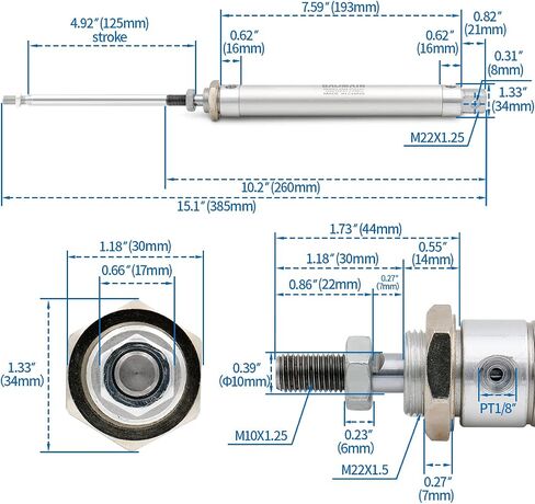 Baomain Mini Pneumatic Air Cylinder MAL 25 X 125 Single Male Thread Rod Dual Action 25mm(1 inch) Bore 125mm(5 inch) Stroke in Saudi Arabia