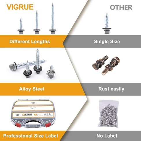 VIGRUE 300 قطعة من براغي السقف المعدنية #10x1" #10x1-1/2" #10x2"، برغي سقف معدني من الصفائح المعدنية المجلفنة ذات الرأس السداسي، براغي معدنية ذاتية التشغيل إلى مسامير جانبية من الخشب، غسالة EPDM in Saudi Arabia