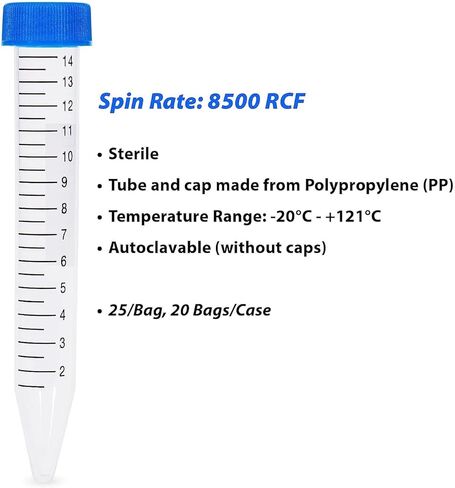 United Scientific ™ D1003 أنابيب الطرد المركزي ذات القاع المخروطي من مادة البولي بروبيلين مع تدرجات سوداء، غطاء أزرق، سعة 15 مل، عبوة من 50 in Kuwait