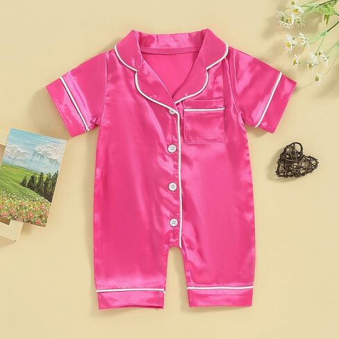 Multitrust Infant Baby Boy Girl Silk Pajamas Rompers Button Down Short Sleeve One Piece Jumpsuit Pjs Satin Infant Sleepwears in Saudi Arabia