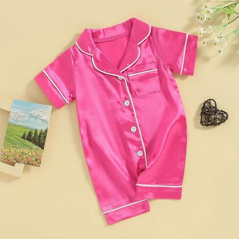 Multitrust Infant Baby Boy Girl Silk Pajamas Rompers Button Down Short Sleeve One Piece Jumpsuit Pjs Satin Infant Sleepwears in Saudi Arabia