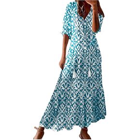 Maxi Dresses for Women 2025 Classy V Neck Pockets Print Long Tshirt Sundress Fashion Short Sleeve Beach Party Dress in Saudi Arabia