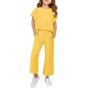 Girls Two Piece Sets Short Sleeve Shirts and Drawstring Pants With Pockets Lightweight Kids Outfits Size 5-14 in Saudi Arabia