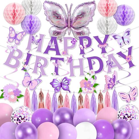 زخارف الفراشة الأرجواني - 53 في المائة مع لافتات قرص العسل والبالونات والدوامات للنساء أو الفراشة الفراشة لوازم عيد ميلاد in Kuwait