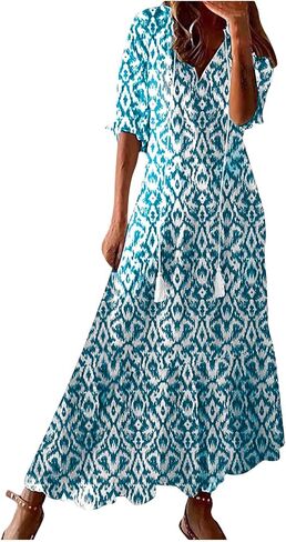 Maxi Dresses for Women 2025 Classy V Neck Pockets Print Long Tshirt Sundress Fashion Short Sleeve Beach Party Dress in Saudi Arabia