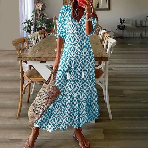 Maxi Dresses for Women 2025 Classy V Neck Pockets Print Long Tshirt Sundress Fashion Short Sleeve Beach Party Dress in Saudi Arabia