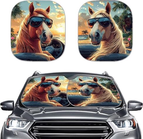 REANTEROLD CAR Windshield Sunshade في الهواء الطلق الأشعة فوق البنفسجية أشعة الشمس شمس درع مانع عالمي السيارة نوافذ الشمس شمس الصيف شمس قابلة للطي الظل 2 قطعة محامي حصان للحيوانات. in Kuwait