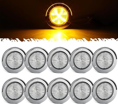 Partsam 10Pcs 2.5" Amber 12LED Round Clearance/Marker Lights with Polished Chrome-plated Plastic Bezel for Trailer Truck RV, Clear lens, 12V in Kuwait