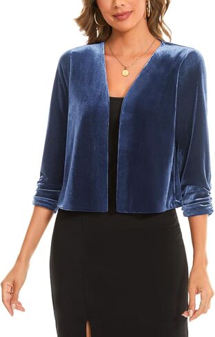 سترة نسائية من INTLIMIT سترة مخملية مقصوصة مكشكشة 3/4 كم مفتوحة من الأمام لحفلات الكوكتيل بوليرو تتغاضى عن الفستان in Kuwait