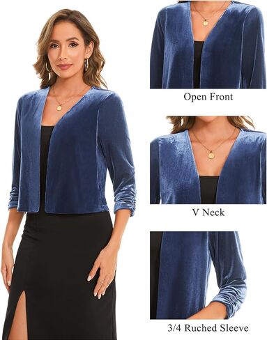 سترة نسائية من INTLIMIT سترة مخملية مقصوصة مكشكشة 3/4 كم مفتوحة من الأمام لحفلات الكوكتيل بوليرو تتغاضى عن الفستان in Kuwait