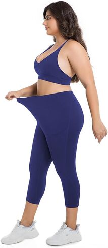 Plus Size High Waist Capri Leggings with Pockets for Women Tummy Control Yoga Crop Pants for Summer Workout Athletic in Saudi Arabia