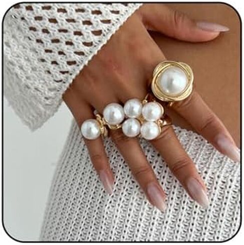 Chunky Gold Pearl Ring Set for Women Stackable Knuckle Rings Minimalist Statement Ring Set Adjustable Baroque Pearl Ring Sets Bridal Party Wedding Accessories in Kuwait