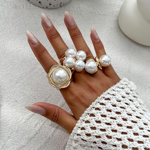 Chunky Gold Pearl Ring Set for Women Stackable Knuckle Rings Minimalist Statement Ring Set Adjustable Baroque Pearl Ring Sets Bridal Party Wedding Accessories in Kuwait