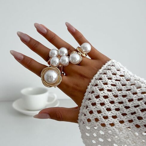 Chunky Gold Pearl Ring Set for Women Stackable Knuckle Rings Minimalist Statement Ring Set Adjustable Baroque Pearl Ring Sets Bridal Party Wedding Accessories in Kuwait