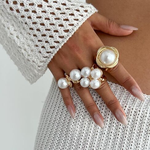 Chunky Gold Pearl Ring Set for Women Stackable Knuckle Rings Minimalist Statement Ring Set Adjustable Baroque Pearl Ring Sets Bridal Party Wedding Accessories in Kuwait