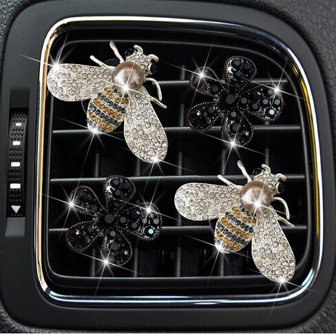 4 Pcs Gold Bling Honeybee and Black Daisy Car Air Fresheners Vent Clips Diffuser Vent Clip Rhinestone Diamond Decoration Car Interior Decor Cute Accessories for Women, Automotive Air Fresheners in Saudi Arabia