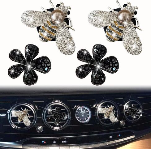 4 Pcs Gold Bling Honeybee and Black Daisy Car Air Fresheners Vent Clips Diffuser Vent Clip Rhinestone Diamond Decoration Car Interior Decor Cute Accessories for Women, Automotive Air Fresheners in Saudi Arabia