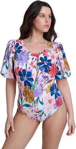 Gottex Modest Women's High Round Neck One Piece Swimsuit with Puff Sleeves, Full Seat Coverage and Full Lining in Saudi Arabia