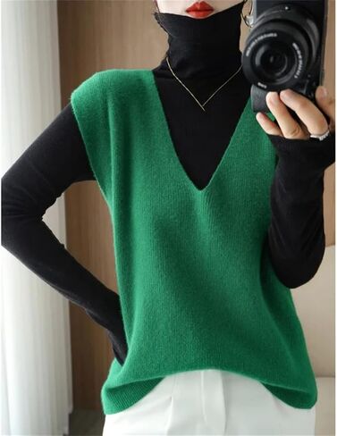 Autumn Winter Women Knitted Cashmere Sweater Vest Korean Sleeveless V-Neck Pullover Female Vest Loose Tops in Saudi Arabia