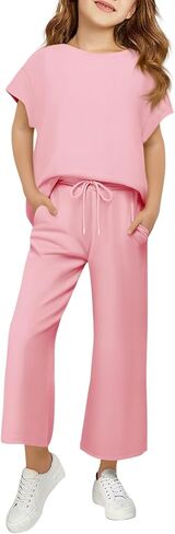 Girls Two Piece Sets Short Sleeve Shirts and Drawstring Pants With Pockets Lightweight Kids Outfits Size 5-14 in Saudi Arabia