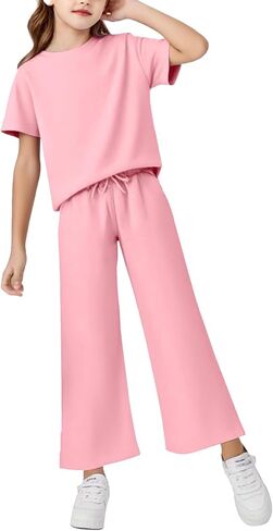 Girls Two Piece Sets Short Sleeve Shirts and Drawstring Pants With Pockets Lightweight Kids Outfits Size 5-14 in Saudi Arabia