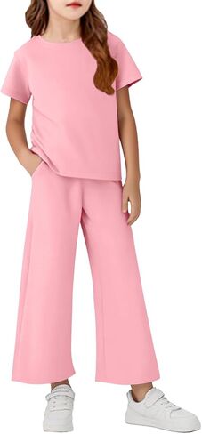 Girls Two Piece Sets Short Sleeve Shirts and Drawstring Pants With Pockets Lightweight Kids Outfits Size 5-14 in Saudi Arabia