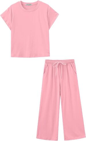 Girls Two Piece Sets Short Sleeve Shirts and Drawstring Pants With Pockets Lightweight Kids Outfits Size 5-14 in Saudi Arabia
