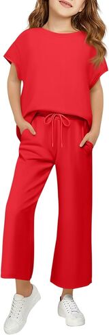 Girls Two Piece Sets Short Sleeve Shirts and Drawstring Pants With Pockets Lightweight Kids Outfits Size 5-14 in Saudi Arabia