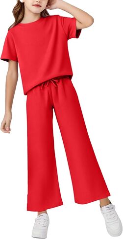 Girls Two Piece Sets Short Sleeve Shirts and Drawstring Pants With Pockets Lightweight Kids Outfits Size 5-14 in Saudi Arabia
