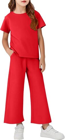 Girls Two Piece Sets Short Sleeve Shirts and Drawstring Pants With Pockets Lightweight Kids Outfits Size 5-14 in Saudi Arabia