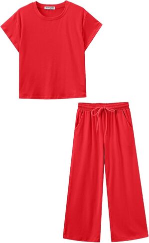 Girls Two Piece Sets Short Sleeve Shirts and Drawstring Pants With Pockets Lightweight Kids Outfits Size 5-14 in Saudi Arabia