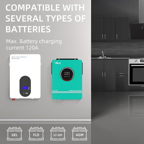 6200W Hybrid Solar Helverter 48V DC إلى 220-230VAC ، العاكس الشمسي النقي الموجي مع وحدة تحكم شحن الطاقة الشمسية 120A MPPT ، تتناسب مع بطارية جل الباردة من الليثيوم 48V. in Kuwait