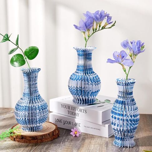 3 Pcs Blue and White Paper Honeycomb Vase, Foldable Decorative Vase with Magnetic Closure, Chinoiserie Décor Vase, Reusable Table Centerpiece for Wedding, Baby Shower, Home Decor in Kuwait