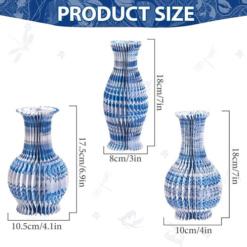 3 Pcs Blue and White Paper Honeycomb Vase, Foldable Decorative Vase with Magnetic Closure, Chinoiserie Décor Vase, Reusable Table Centerpiece for Wedding, Baby Shower, Home Decor in Kuwait