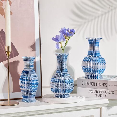 3 Pcs Blue and White Paper Honeycomb Vase, Foldable Decorative Vase with Magnetic Closure, Chinoiserie Décor Vase, Reusable Table Centerpiece for Wedding, Baby Shower, Home Decor in Kuwait