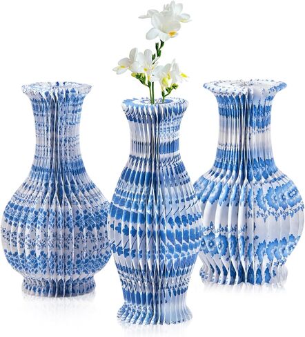 3 Pcs Blue and White Paper Honeycomb Vase, Foldable Decorative Vase with Magnetic Closure, Chinoiserie Décor Vase, Reusable Table Centerpiece for Wedding, Baby Shower, Home Decor in Kuwait