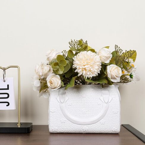 Elegant White Petite Ceramic Style Texture Flower Purse Vase – Perfect Room Decor Aesthetic, Small & Unique Petite Handbag Vase for Flowers, Ideal for Home Decor (Plastic, White) in Saudi Arabia