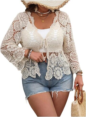 SOLY HUX Women's Plus Size Hollow Out Floral Tie Front Long Sleeve Boho Knit Cardigan Vacation Clothes in Saudi Arabia