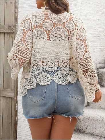 SOLY HUX Women's Plus Size Hollow Out Floral Tie Front Long Sleeve Boho Knit Cardigan Vacation Clothes in Saudi Arabia