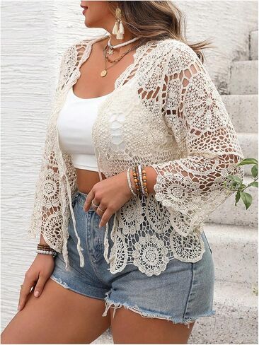 SOLY HUX Women's Plus Size Hollow Out Floral Tie Front Long Sleeve Boho Knit Cardigan Vacation Clothes in Saudi Arabia