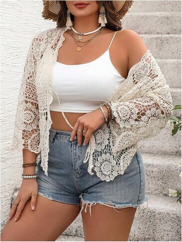 SOLY HUX Women's Plus Size Hollow Out Floral Tie Front Long Sleeve Boho Knit Cardigan Vacation Clothes in Saudi Arabia