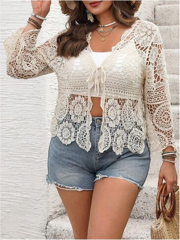 SOLY HUX Women's Plus Size Hollow Out Floral Tie Front Long Sleeve Boho Knit Cardigan Vacation Clothes in Saudi Arabia