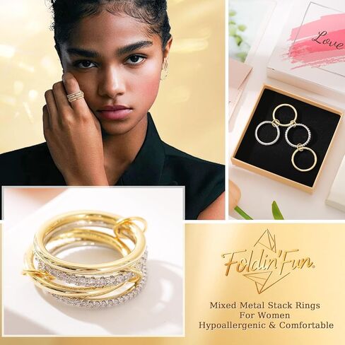 حلقات foldin'fun مجموعة مع حلقات مغلقة من الذهب من CZ 18K والفضة القابلة للتكديس للنساء ، تراهن متشابكين اثنين in Kuwait
