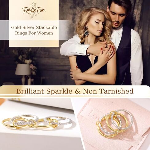 حلقات foldin'fun مجموعة مع حلقات مغلقة من الذهب من CZ 18K والفضة القابلة للتكديس للنساء ، تراهن متشابكين اثنين in Kuwait